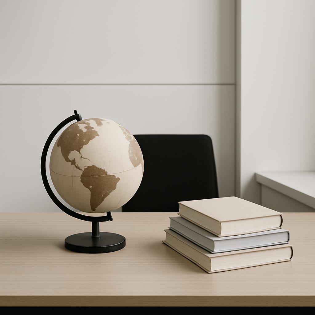 A stack of three books and a globe on a light-colored desk against a white background.