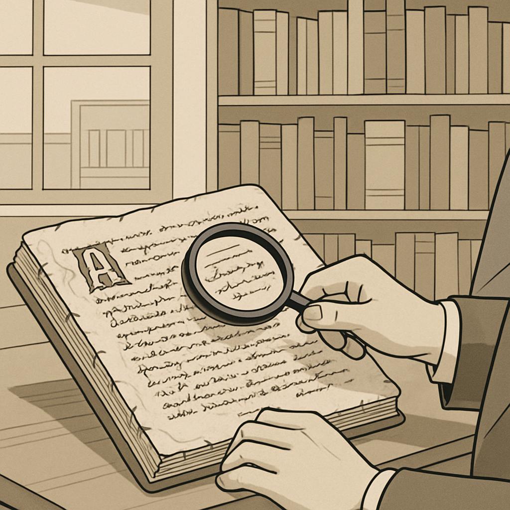 A man in a suit is examining a large old book with magnifying glass and musty letter on it.